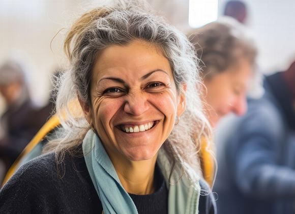 middle-aged lady smiling at the camera with elderly people socialising behind